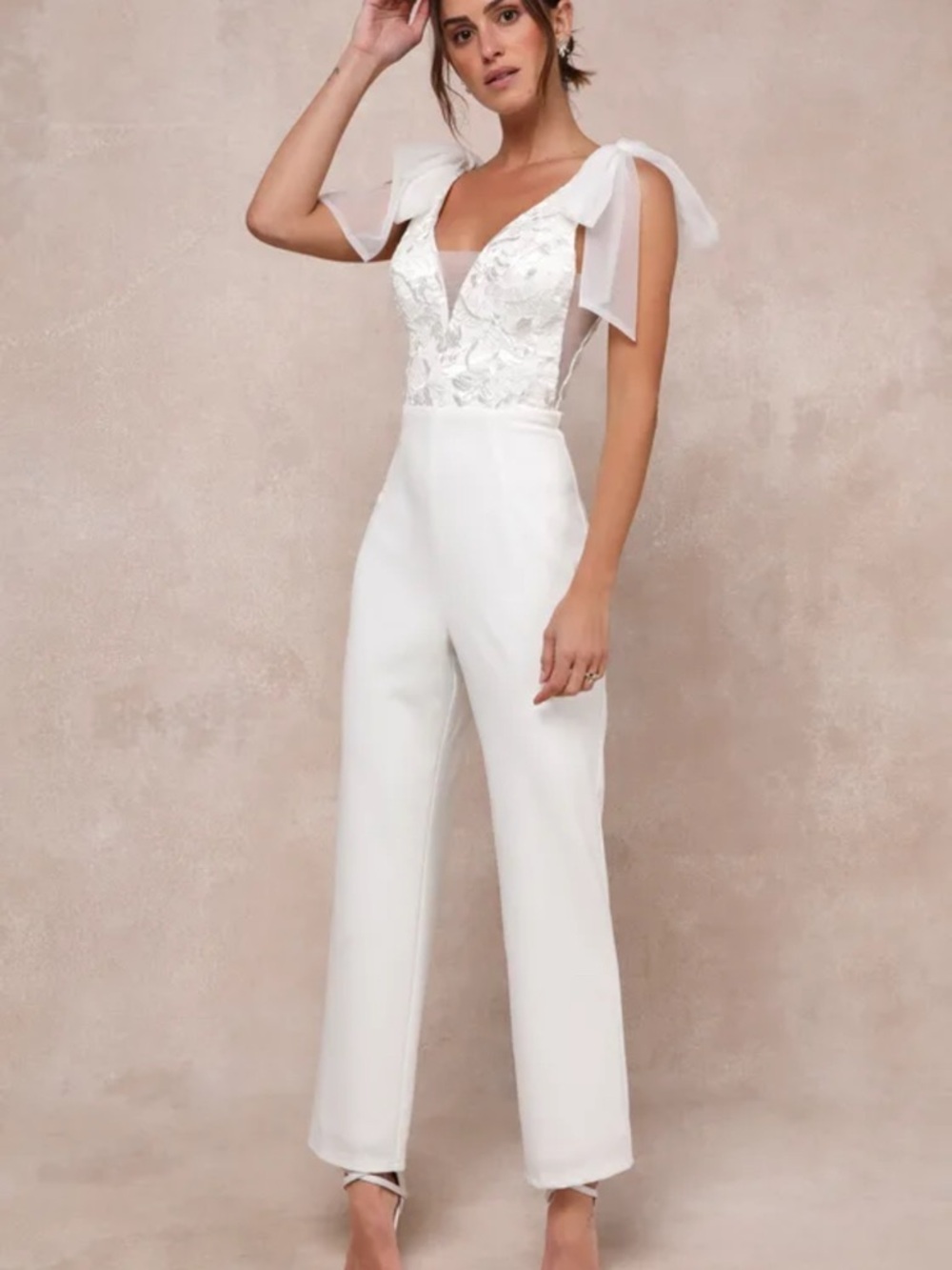Lulus White Lace Bodice Wide-Leg Jumpsuit Small
